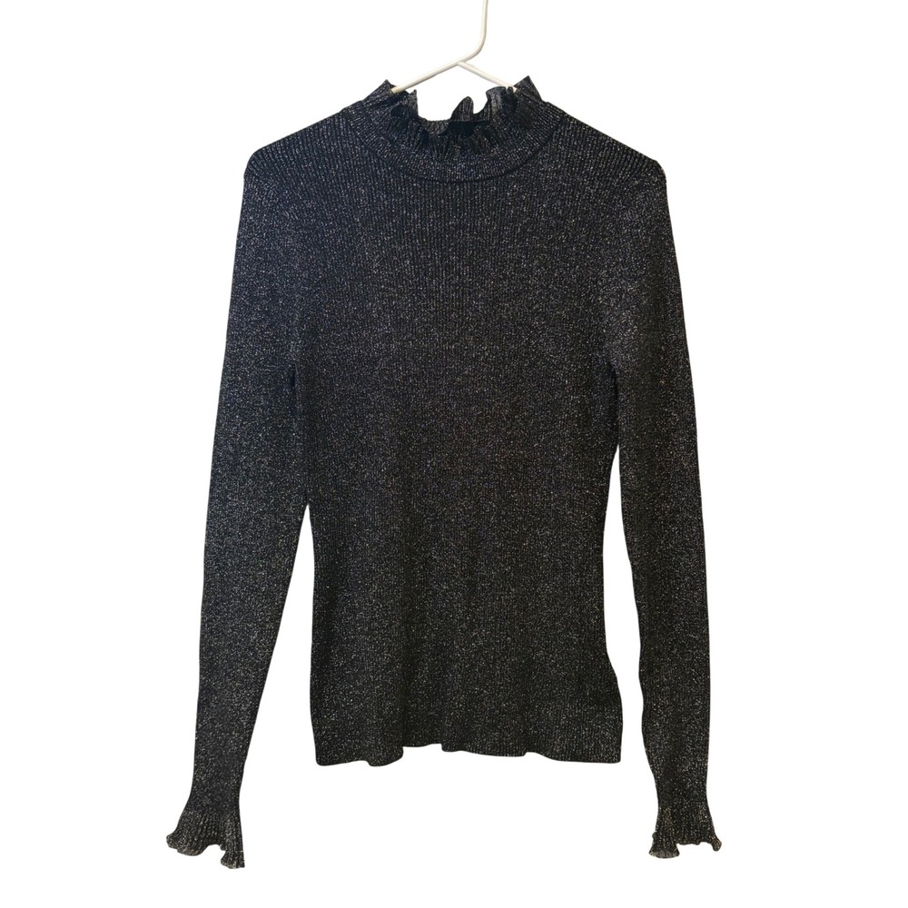 NWT Ted Baker Black‎ Sparkle Frill Neck Detail Lurex Jumper Sweater Sz 3 Holiday